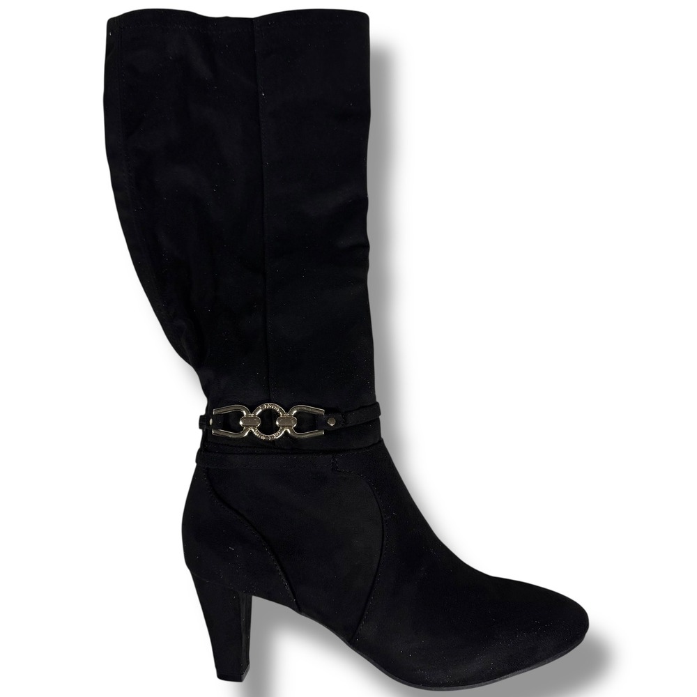 Jones New York Helio Black Micro Knee High Boots Gold Chain Ornament 7.5M NEW